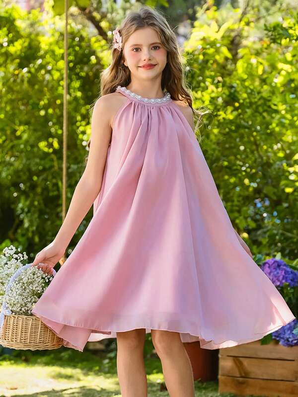 Wildeya Tween Girl Elegant Gorgeous Lovely Sleeveless Faux Pearl Embellished Tulle Dress, Pink, Suitable For Summer And Spring, Suitable For Party And Vacation Wear Young Girls Summer Dresses