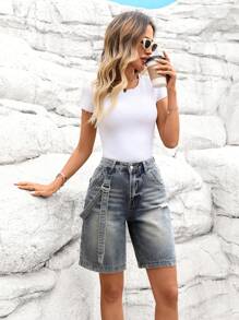 SHEIN LUNE Pantalones cortos vaqueros Bermuda casuales con bolsillos rotos para mujer