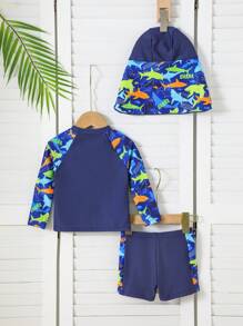 Baby Boy Shark Printed Long Sleeve Swim Trunks 2 Pieces Set - Multicolor - View 2
