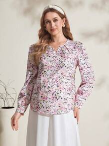 SHEIN Maternity Floral Print Notched Neck Long Sleeve Blouse - Green - View 4