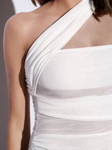 Maija Women White Summer Seksi Chic Party Night Mesh Crop Top,2025 Fashion Asymmetric Shoulder Ruched Bodycon Beach Vacation Music Festival Club Wear - White - View 7