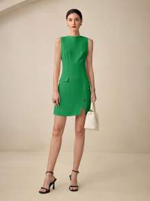 BizChic 2025 Summer New Green Non-Metal Buckle Regular Dress, Ladies Summer Business Casual Daily Commute Elegant Beach Holiday Suitable For Wedding Guests, Country Music Festival, Brunch, Airport Outfit - Green - View 2