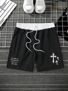 Manfinity EMRG Men's Casual Loose Cross Print Shorts With Drawstring Waist, Summer Graphic Going Out Street Wear Knee Shorts Baggy Shorts, For Husband, Boyfriend Gifts