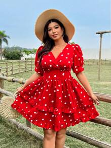 Sunnyshic Robe grande taille au style boho, col en V, imprimé floral, manches courtes, volants à l'ourlet, pois, pour la Saint-Valentin, pour l'été
