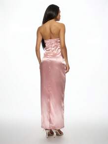 MISSGUIDED Satin Bow Detail Bandeau Maxi Dress Evening Gown Prom Special Occasion Formal Wedding Guest Floor Length Elegant Fitted Corset Style - Pink - View 2