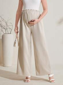 SHEIN Maternity Solid Color Adjustable Waist Wide Leg Loose Casual Pants - Khaki - View 6