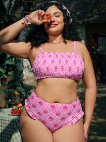 Swim Mod Plus Size Women 2pcs Random Floral Print Swimwear With Removable Straps And Ruffle Hem Bikini Set, Cute Beach Summer Vacation Outfit - Pink - View 3