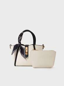 Bolso de mano con decoración de bufanda delgada y bolsillo interior, regalo de Navidad, San Valentín, invierno - Blanco y Negro - Ver 4