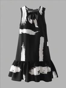 SHEIN Leap Crew Tween Girls Casual Woven Geometric Striped Print U-Back Bow Decor Loose Sleeveless Dress, Suitable For Spring/Summer, Spring Vacation, Country Style, Casual Outing, Back To School - Black - View 11