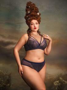 PinupPomp Vintage Palace Gold Lace Polka Dot Mesh Plus Size Lingerie Set - Navy Blue - View 3
