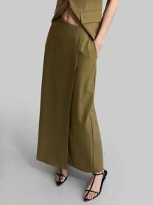 Ontre Conjunto de falda y chaleco de cuello cuadrado, de tela de lino, estilo resort, color verde militar, conjunto de uso diario, conjunto de chaleco sin mangas, traje de mujer