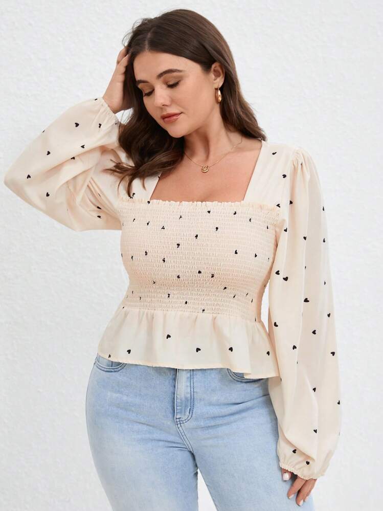 SHEIN Unity Heart Polka Dot Romantic Vintage Shirred Style Shirred Waist Square Collar Multi-Wear Long Sleeve Plus Size Blouse All Over Print For Spring Fall - Multicolor - View 1