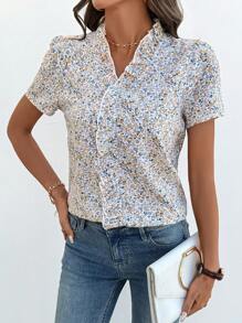 EMERY ROSE Women's Summer Casual Resort Ruffle Collar Lantern Sleeve Ditsy Floral Blouse