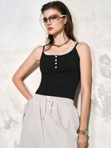 SHEIN LUNE 女式黑色蕾丝拼布细肩带吊带背心设计上衣，夏季 - 黑色 - 查看 4