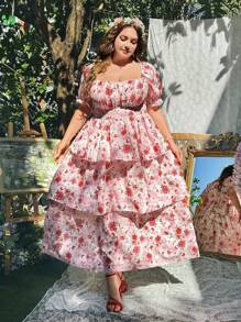 Lyrianda 大码波西米亚风方领松紧腰泡泡袖三层荷叶边下摆休闲连衣裙，适合夏季 - 彩色 - 查看 4