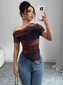 Elenzga Women's New Fashion Oblique Shoulder Short Sleeve Tie Dye Print T-Shirt - Multicolor - View 6