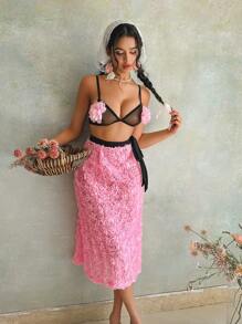 Wedding  SpringBreakOutfit Floral 2pcs Floral Romantic Bow Dress Set - Bra And Midi Skirt Sexy Lingerie For Women Lingerie Set Costume - Pink - View 4