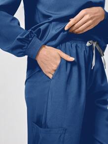 TaskEZ Women's Scrub Set, Solid Color Long Sleeve Pocket Tunic Top & Pants, Nursing Scrub Uniform - Blue - View 7