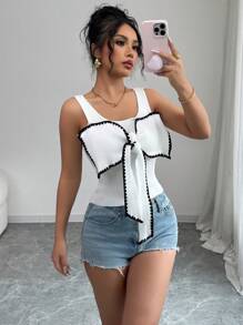 Chiquease New Style Spring/Summer Fitted Sexy Elegant Bow Knit Top For Ladies - White - View 7