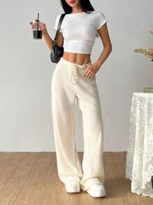 SHEIN EZwear Quần ống rộng đơn sắc thường ngày rộng rãi cho nữ - Màu be - Xem 3