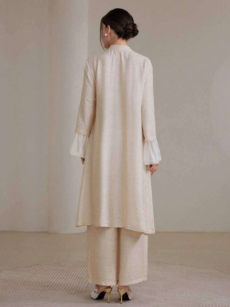 Graceveil 2pcs/Set Women Elegant Stand Collar Ruffle Cuff Long Sleeve Set Modest Fall Cloth For Women - Apricot - View 2