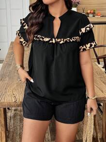 Breezaya Plus Size Solid Color Cutout V-Neck Short Sleeve Casual Vacation Style Shirt