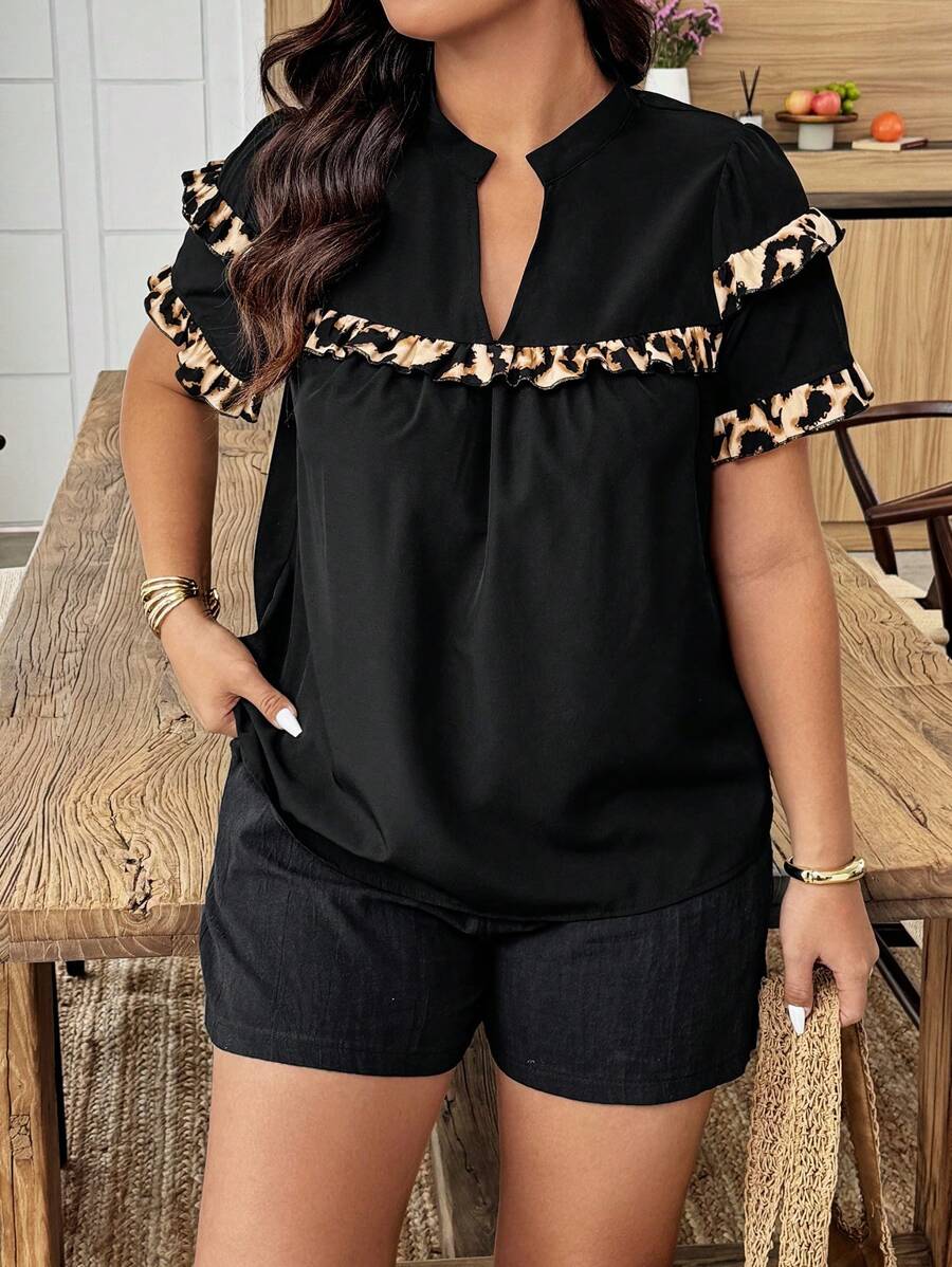 Breezaya Plus Size Solid Color Cutout V-Neck Short Sleeve Casual Vacation Style Shirt