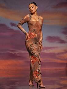 Hauture Floral Mesh One Shoulder Ruffle Lace Up Back Midi Dress - Multicolor - View 2