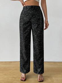 SHEIN Clasi Women's Casual High Waist Silver Foil Print Pants