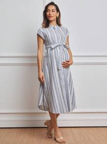 MaterniWear Maternity Casual Striped Front Button Dress - Blue - View 7