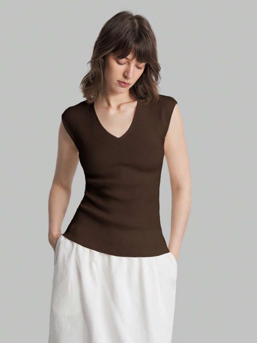 Ontre 2025 Women's Summer Solid Color Urban Chic Fashion Casual V-Neck Dolman Sleeve Knit Top, Soft & Comfortable Fabric, Suitable For Commuting, Office, Tea Party, Daily Wear, Business Casual,Knitted Sweater - Brown - View 1