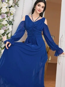 Modelyn Women's Solid Color Long Sleeve Long Dress, Simple Fashionable Casual Everyday Wear - Blue - View 3
