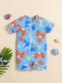 SHEIN Leap Crew 1 pieza Traje de baño de una sola pieza para niños pequeños con estampado gráfico lindo de tiburón y pez, ropa de playa para nadar, playa, surf, primavera/verano - Azul - Ver 6