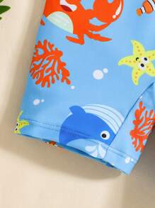 SHEIN Leap Crew 1 pieza Traje de baño de una sola pieza para niños pequeños con estampado gráfico lindo de tiburón y pez, ropa de playa para nadar, playa, surf, primavera/verano - Azul - Ver 4