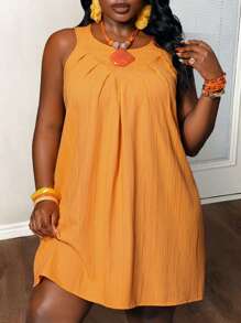 Slaydiva New 2025 Vacation & Casual & Minimalist & Solid Color Plus Size Women Textured Orange A-Line Loose Sleeveless Babydoll Dress Spring/Summer - Orange - View 3