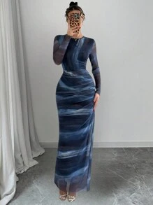 Rafferiza Women's Tie-Dye Print Ruffle Crew Neck Long Sleeve Dress Fall Cloth For Women - Blue - View 1