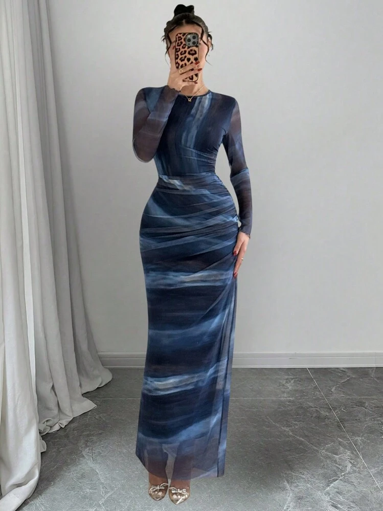 Rafferiza Women's Tie-Dye Print Ruffle Crew Neck Long Sleeve Dress Fall  Cloth For Women | SHEIN USA