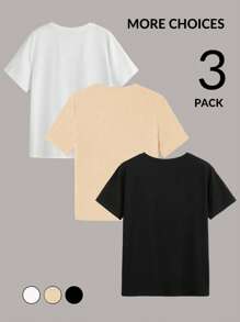 Comfortcana 3pcs Set Casual Plus Size Round Neck Letter Print Short Sleeve Fitted Plain T-Shirts, Versatile For Summer - Multicolor - View 2