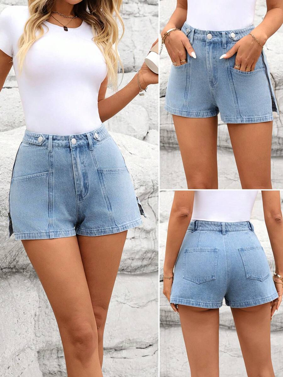 SHEIN LUNE Women's Loose Fit Casual Versatile Denim Shorts With Pockets - Medium Wash - View 1