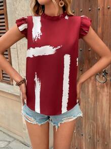 SHEIN LUNE Damen lässige, locker sitzende Bluse mit Pinselstrich-Muster und Flügelärmel