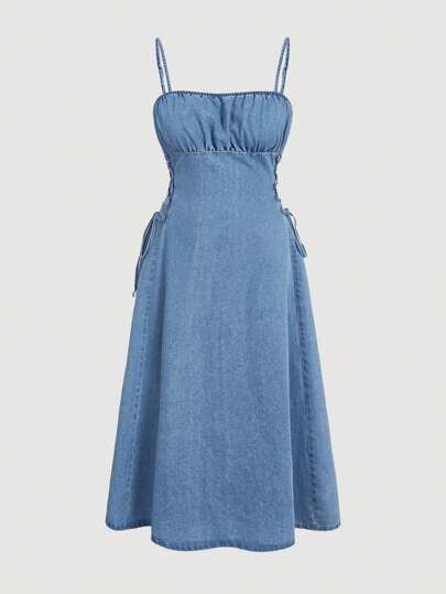 SHEIN MOD 大码蓝色牛仔连身裙，休闲合身及膝长度