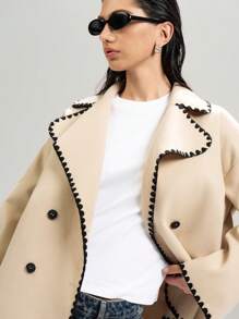 LYSMO Women Casual Contrast Binding Double-Breasted Woolen Coat, Autumn/Winter