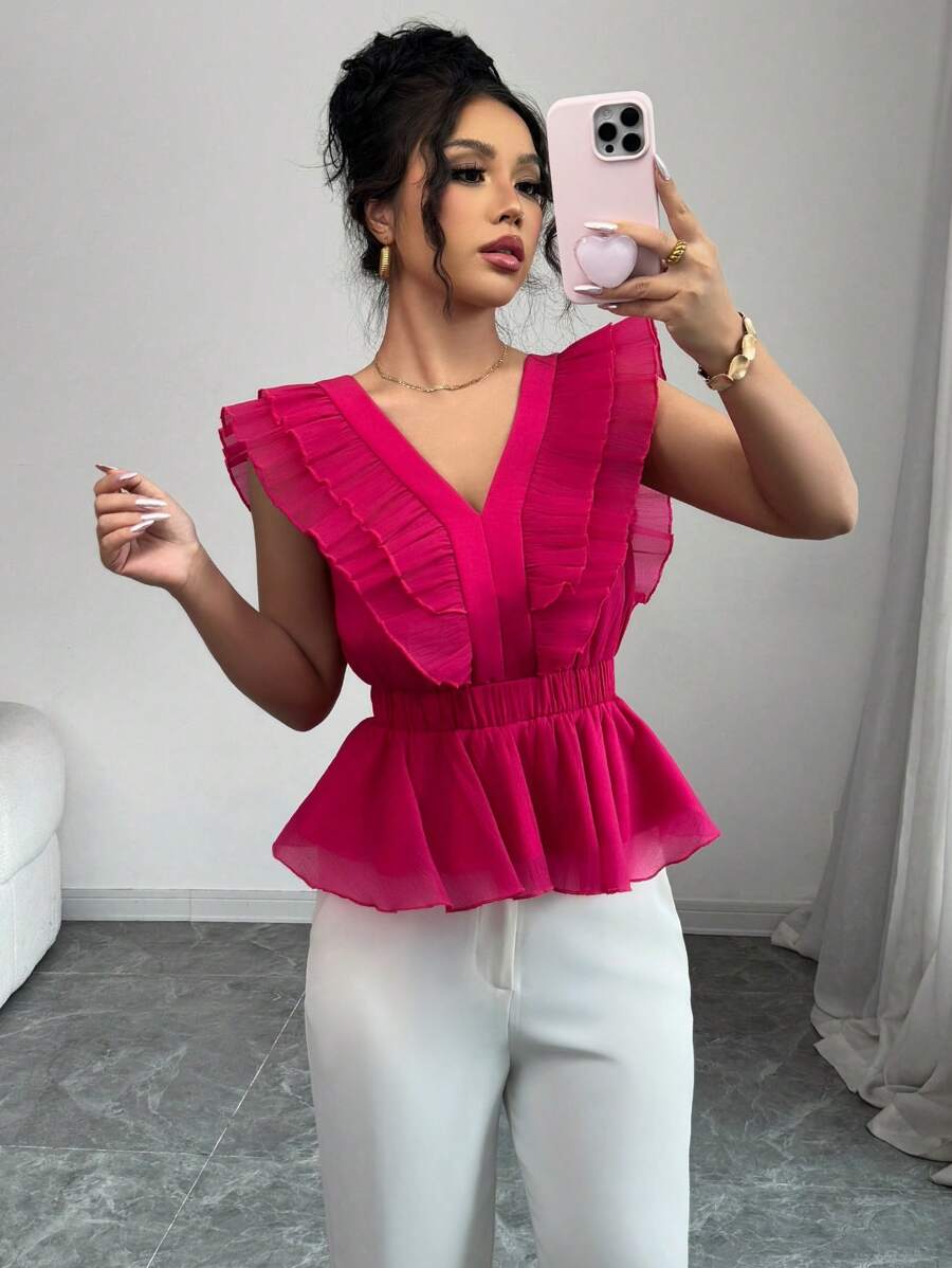 Elenzga Cute & Sexy Multi-Layer Chiffon V-Neck Ruched Peplum Blouse, Pink - Pink - View 1