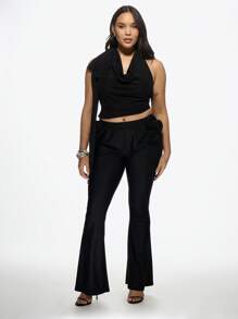 MISSGUIDED PLUS 优雅垂褶高领露背吊带上衣，大码晚宴派对夜店无袖短款衬衫，系带设计，时尚夏季上衣 - 黑色 - 查看 4