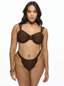 MISSGUIDED PLUS Plus Size Ruched Underwire Bikini Set Two Piece Swimsuit High Rise Bottom Supportive Swimwear Beach Vacation Summer Resort Wear XXL-6XL - Brown - View 1