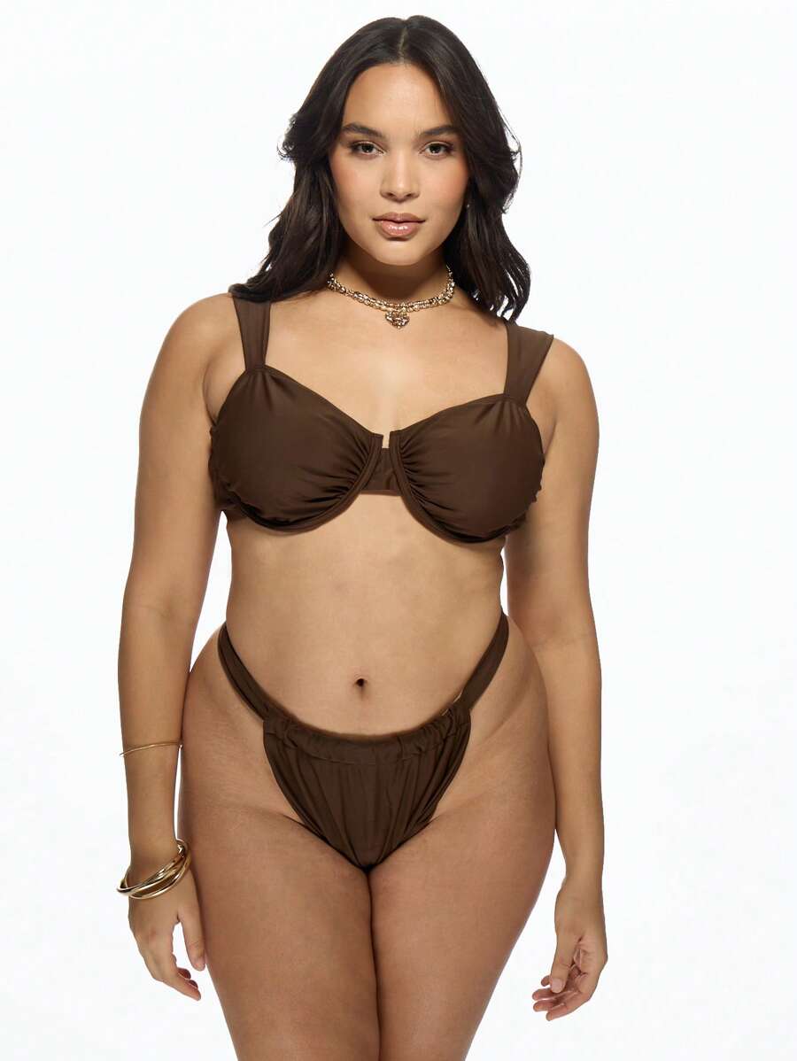 MISSGUIDED PLUS Plus Size Ruched Underwire Bikini Set Two Piece Swimsuit High Rise Bottom Supportive Swimwear Beach Vacation Summer Resort Wear XXL-6XL - Brown - View 1