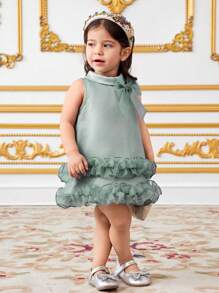 SHEIN Baby Girl Elegant Collared Bow Decor Ruffle Hem A-Line Dress - Blue - View 5