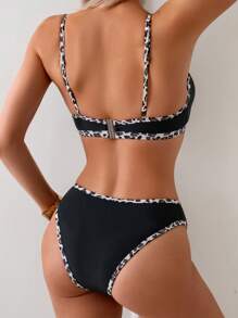 Women 2pcs/Set Khaki Solid Leopard Trim Bikini Set For Summer, For Summer Beach Vacation - Multicolor - View 2