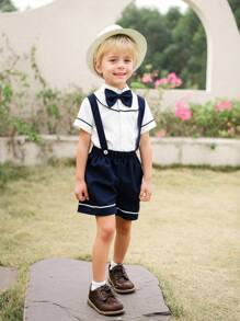 SHEIN Bộ 2 áo sơ mi tay ngắn có cổ và nơ cho bé trai kết hợp với quần short có dây đeo màu xanh navy giản dị, thích hợp cho các buổi đi chơi - Đen và trắng - Xem 1