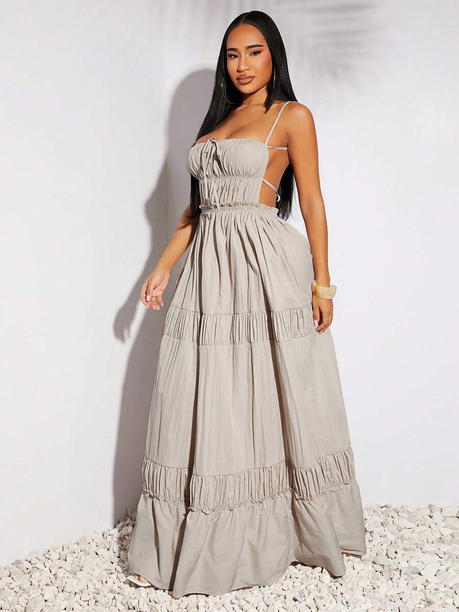 SHEIN SXY Sundress;Beach;Spring Summer Vacation Wedding Valentine's Day Women's Elegant Western Style Clothing Gray Khaki Imitation Linen Fabric Large Halter Halter Fold Design A Swing Long Dress,Summer Dresses For Women,Tea Party Dress - Apricot - View 1